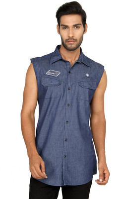 

Macoro Men's Solid Casual Semi Spread Collar Shirt, Blue