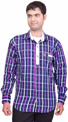 British Terminal Men's Checkered Casual Dark Blue Shirt, Navy blue base pink