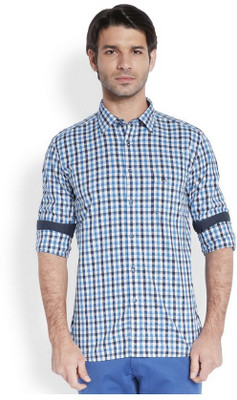 Parx Men's Checkered Casual Dark Blue Shirt