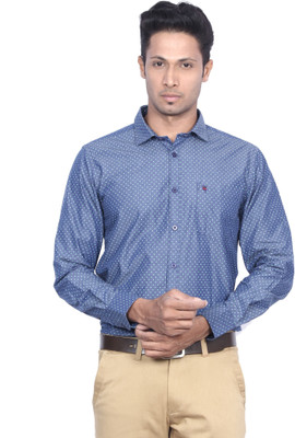 

D'Indian Club Men's Polka Print Casual Dark Blue Shirt, Dark blue;green polka