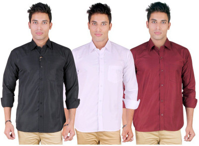 Black Bee Men Solid Casual White, Maroon, Black Shirt(Pack of 3)