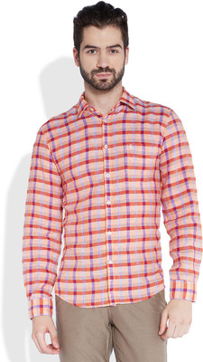 Parx Men's Checkered Casual Orange Shirt