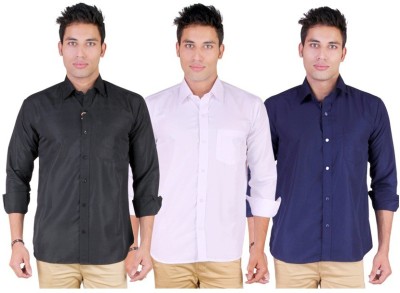 Black Bee Men Solid Casual White, Blue, Black Shirt(Pack of 3)