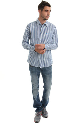 

Wrangler Men's Striped Casual Blue, White Shirt, Dark blue