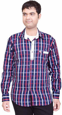 

British Terminal Men's Checkered Casual Dark Blue Shirt, Navy blue base red