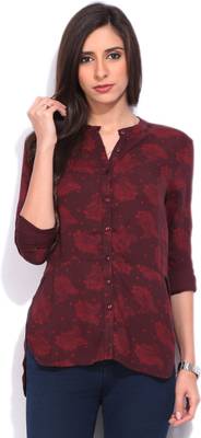 United Colors of Benetton Women's Printed Casual Maroon Shirt