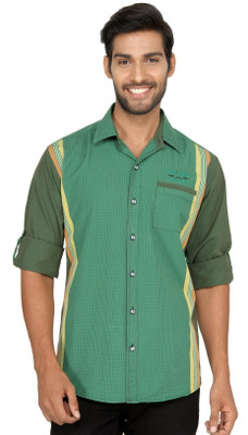 

Macoro Men's Geometric Print Casual Semi Spread Collar Shirt, Green