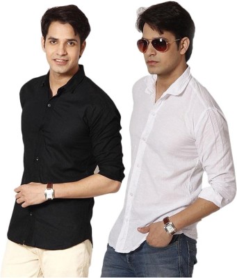 Black Bee Men Solid Casual White, Black Shirt(Pack of 2)