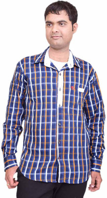 

British Terminal Men's Checkered Casual Dark Blue Shirt, Navy blue base yellow