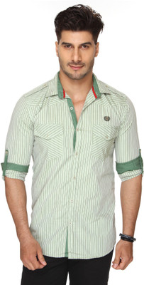 

Ramarrow Men's Striped Casual Light Green Shirt