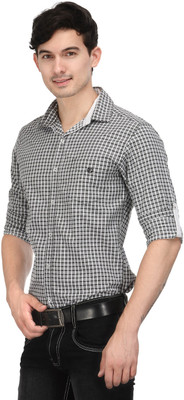 

Macoro Men's Checkered Casual Semi Spread Collar Shirt, Grey