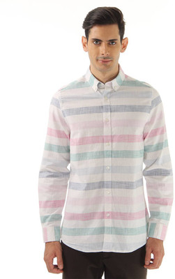 

London Fog Men's Striped Casual White, Pink Shirt