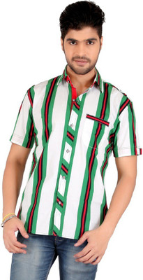 

Carbone Men's Striped Casual White Shirt, Green;white