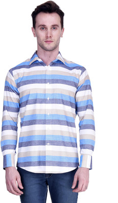Protext Men Striped Formal White, Blue Shirt