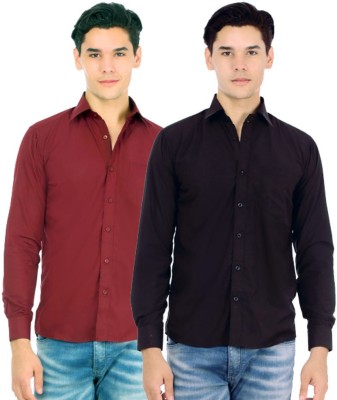 Black Bee Men Solid Casual Maroon, Black Shirt(Pack of 2)