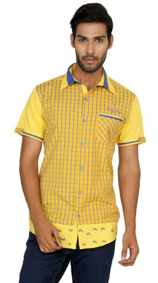 

Macoro Men's Checkered Casual Semi Spread Collar Shirt, Yellow