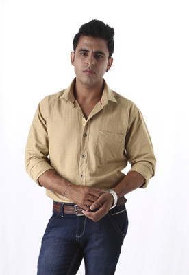 

Macoro Men's Checkered Casual Linen Beige Shirt