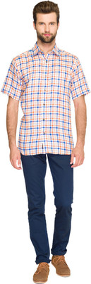 Raymond Men's Checkered Casual Orange, Blue, White Shirt