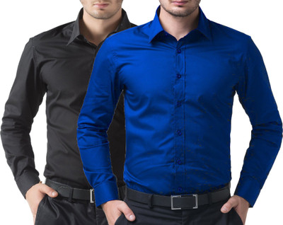 

You Forever Men's Solid Casual Black, Blue Shirt(Pack of 2
