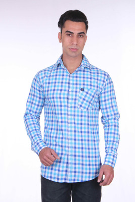Cotblend Men' Checkered Casual Blue Shirt