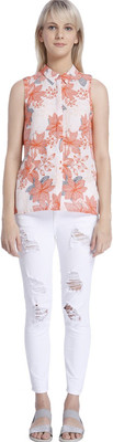 VERO MODA Women Floral Print Casual White, Orange Shirt