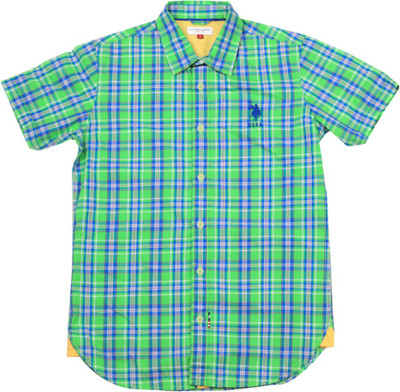 

US Polo Kids Boys Checkered Casual White, Blue, Green Shirt, Me green