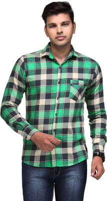 

Macoro Men's Checkered Casual Semi Spread Collar Shirt, Green