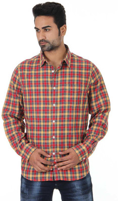 

London Fog Men' Checkered Casual Red, Yellow Shirt, Mustard