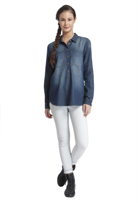 

Only Women's Solid Casual Blue Shirt, Dark blue denim