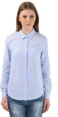 

Vero Moda Women's Striped Casual Light Blue Shirt, Bright white