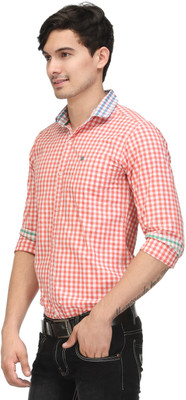 

Macoro Men's Checkered Casual Orange Shirt