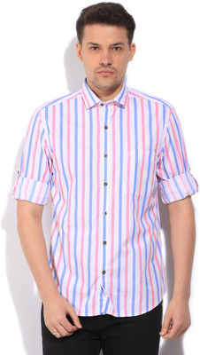 

John Players Men's Striped Casual White, Blue, Pink Shirt, 1a2