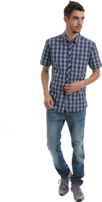 

Wrangler Men's Checkered Casual White, Blue Shirt, Dark blue