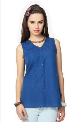 

People Women's Solid Casual Blue Shirt