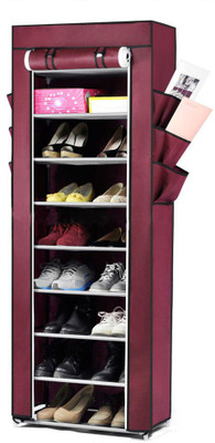 Pindia Fancy 10 Layer Maroon Shoe Rack Organizer Polyester Collapsible Shoe Stand(Maroon, 10 Shelves)