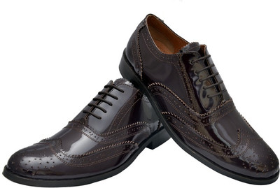 

Hirel's Cherry Patent Leather Designer Brogues Casual Shoes For Men(Maroon