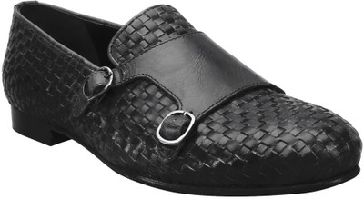

Bare Skin Black Genuine leather Hand Woven Double Monk Slip On Shoe For Men Casuals For Men(Black