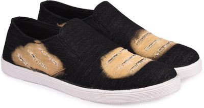 

True Soles Men's Black Denim Slip On Sneakers For Men(Black, Tan