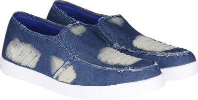 

Kraasa Denim Cut Slip On Sneakers For Men(Blue, White