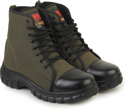Vilax Green Combat Cloth with Leather Toe Cap Mid Ankle Jungle Boots Boots For Men(Black, Green)