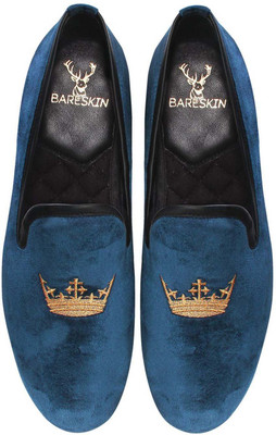 Bare Skin Embroidered Velvet Loafers For Men(Blue), 01;blue