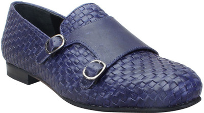 

Bare Skin Blue Genuine Leather Hand Woven Double Monk Strap Slip On Shoe For Men Loafers For Men(Blue