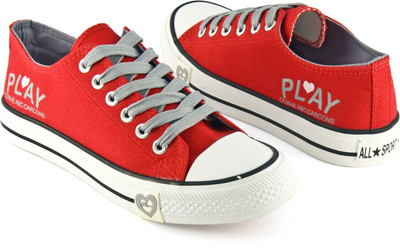 DeVEE Don’t Play with Heart Printed Red Canvas Shoes For Women(Red, Grey