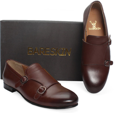 

Bare Skin Brown Double Monk Strap Hand Made Leather Slip-On Shoe Loafers For Men(Brown