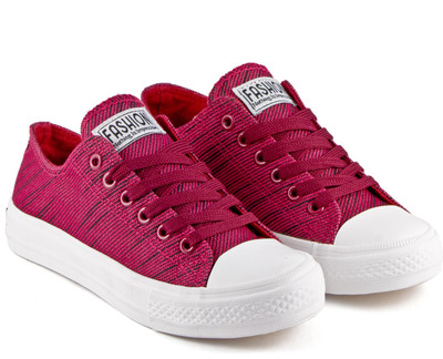 

DeVEE Simply Striped Red Canvas Shoes For Women(Red, Maroon