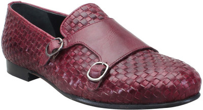 

Bare Skin Wine Leather Hand Weave Double Monk Strap Slip on Shoe For Men Loafers For Men(Brown
