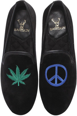 

Bare Skin Love & Peace Embroidered Black Velvet Slip On Shoe For Men Loafers For Men(Multicolor