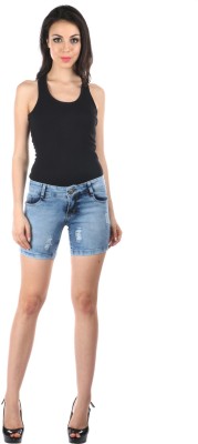 

Fungus Solid Women's Denim Blue Denim Shorts, Stone blue