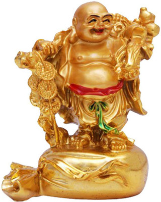 

Kraft Village 100% original Laughing Buddha Standing on Money Bag Decorative Showpiece - 9 cm(Polyresin, Gold)