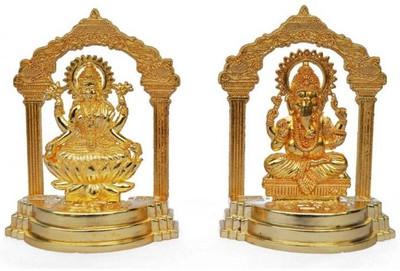 aakrati Laxmi Ganesh Metal statue - handmade figure for puja Decorative Showpiece - 14 cm(Brass, Gold)
